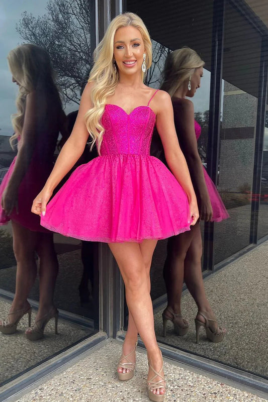 A-Line Spaghetti Straps Hot Pink Short Homecoming Dress with Beading
