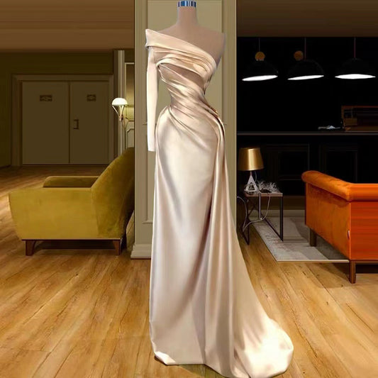 One Shoulder Long Sleeves Champagne Prom Dress Mermaid