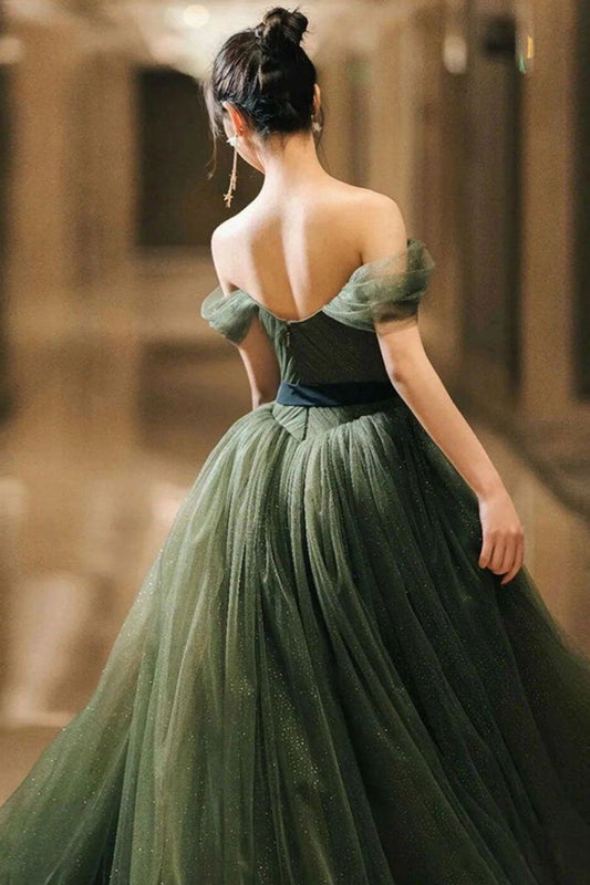 Elegant A Line Off the Shoulder Dark Green Long Prom Dress
