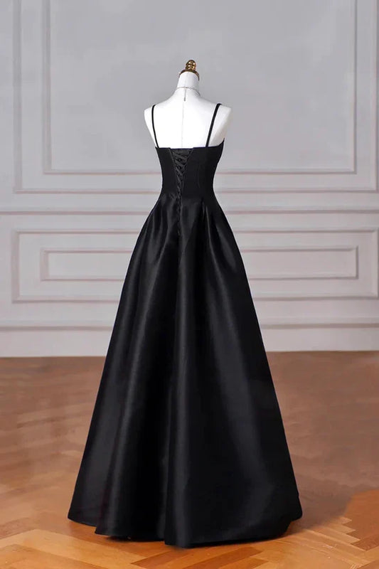 A-Line Black Straps Satin Long Prom Dress