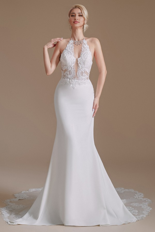 Charming Backless Long Mermaid Halter Satin With Appliques Lace Wedding Dresse