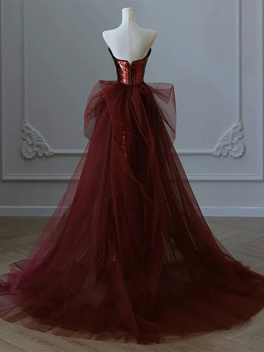 Wine Red Sequins and Tulle Beaded Long Party Prom Dress