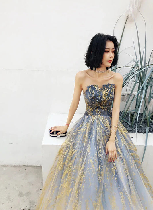Beautiful Blue A-line Tulle Beaded Long Party Prom Dress