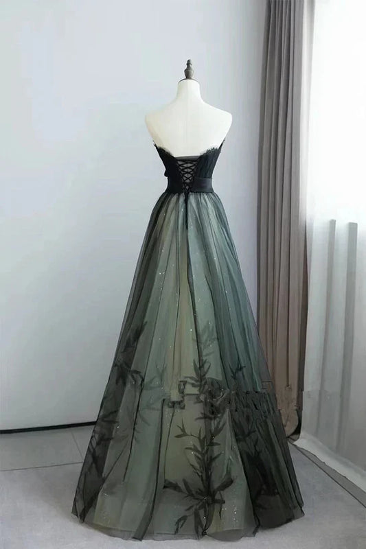 A-line Black and Green Tulle with Lace Long Prom Dress