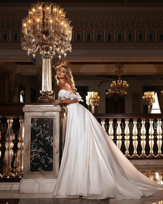 Lace Floor-length Satin Off-The-Shoulder A-line Wedding Dress With Appliques