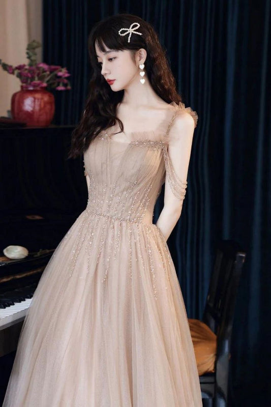 Elegant A Line Off the Shoulder Champagne Floor Length Formal Dress