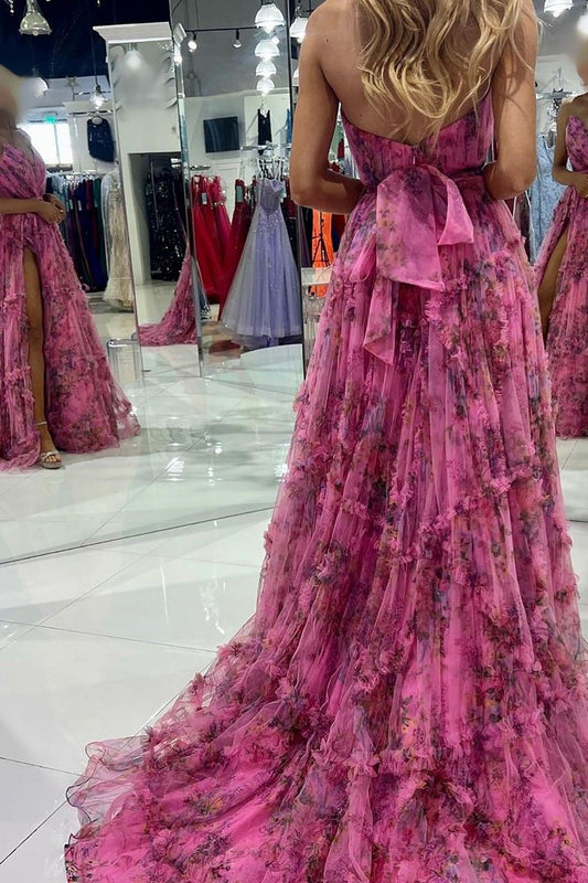 Charming A Line Sweetheart Pink Floral Printed Long Prom Dress