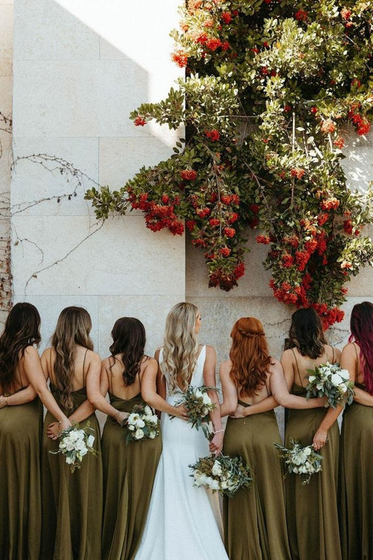 Simple A Line Spaghetti Straps Green Long Bridesmaid Dress