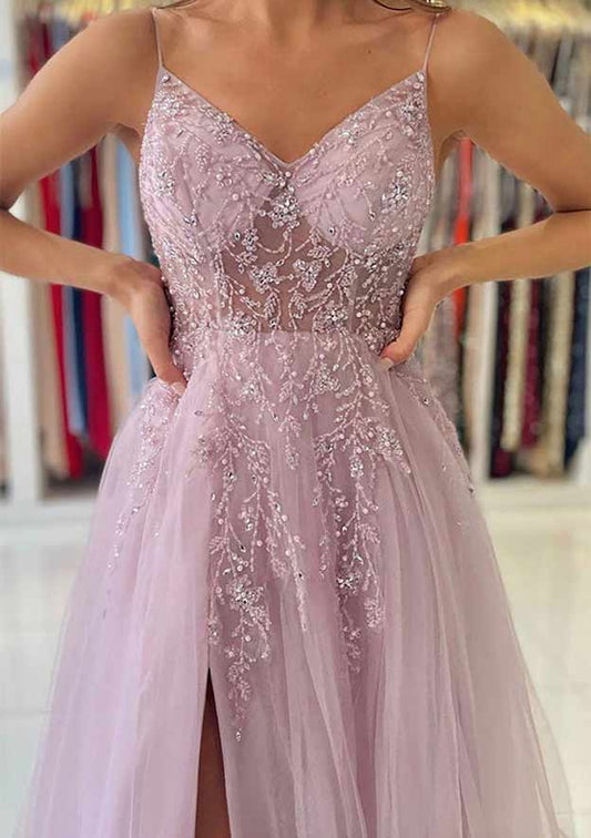 A-Line V-Neck Spaghetti Straps Long Prom Dresses With Split Side