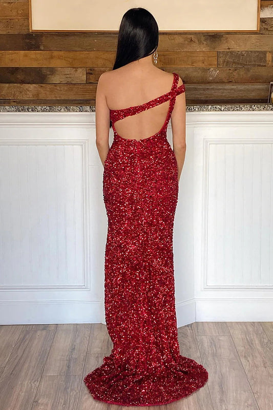 Mermaid One Shoulder Red Sequins Long Prom Dress with Silt