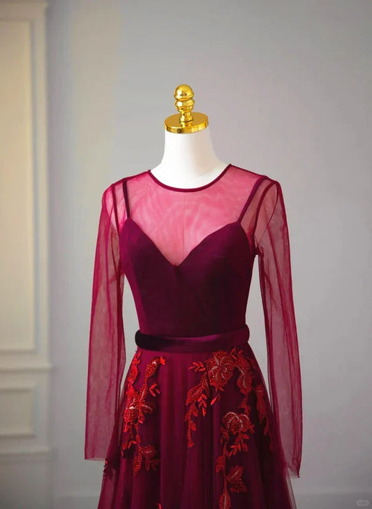 A-line Wine Red Velvet and Tulle Long Party Prom Dress