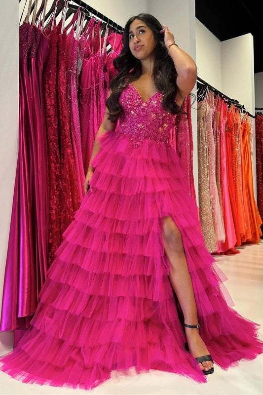 Gorgeous A Line V Neck Fuchsia/Royal Blue Long Prom Dress with Appliques