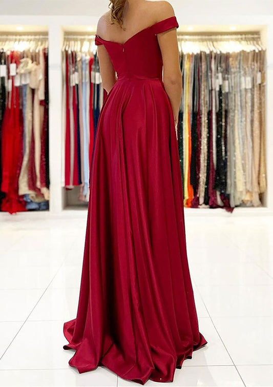 Off-the-Shoulder Long/Floor-Length Satin Prom Dress With Split