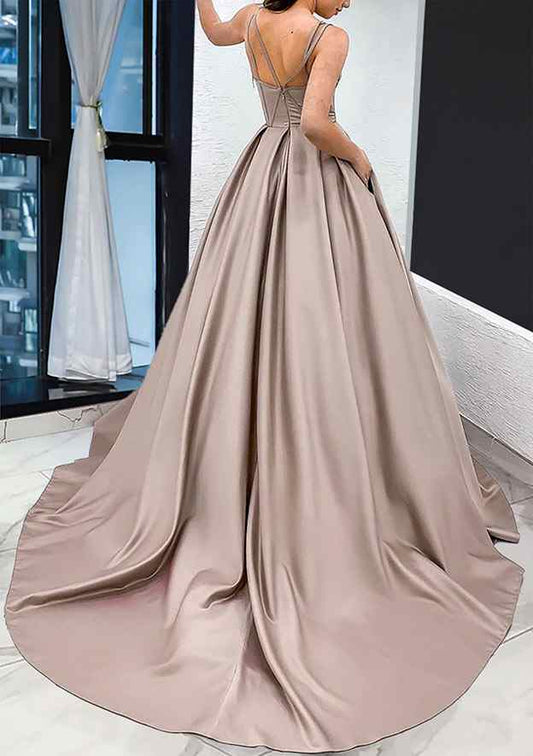 Sweetheart Sleeveless Satin Sweep Train Prom Dress With Pockets