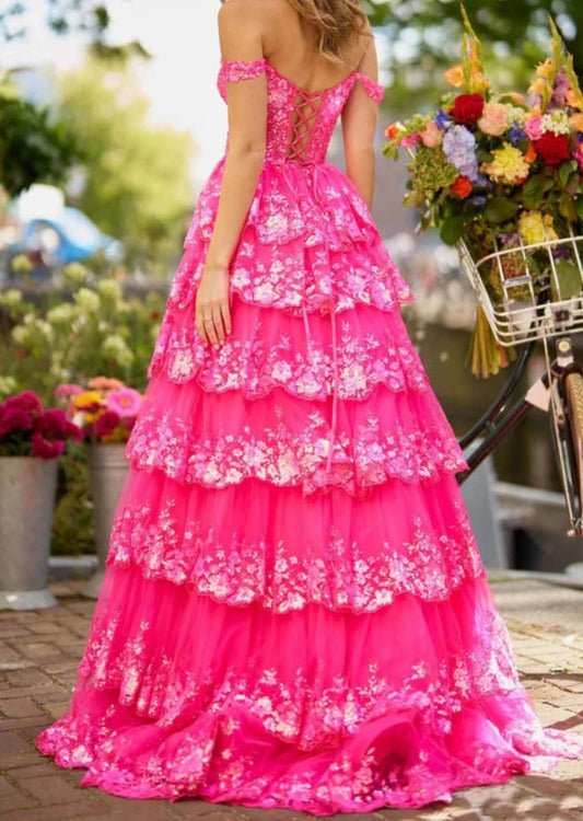 Princess A Line Off the Shoulder Fuchsia Corset Prom Dress with Ruffles