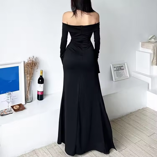 Off The Shoulder Slit Prom Dresses With Long Sleeve 