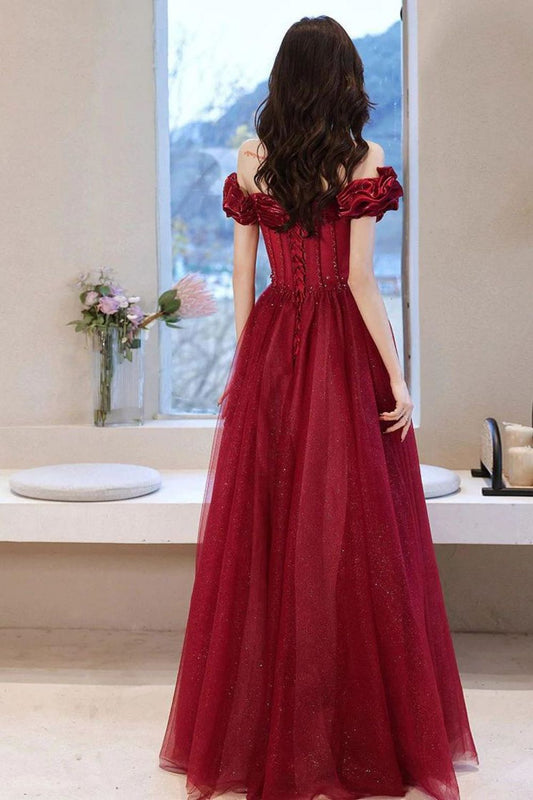 Beautiful A Line Off the Shoulder Burgundy Long Prom Dress with Appliques