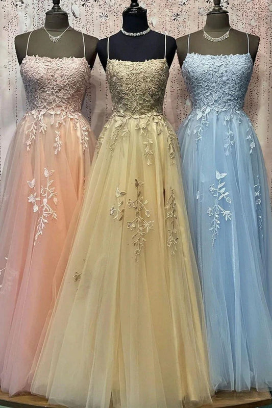 Gorgeous A Line Spaghetti Straps Long Prom Dress with Appliques