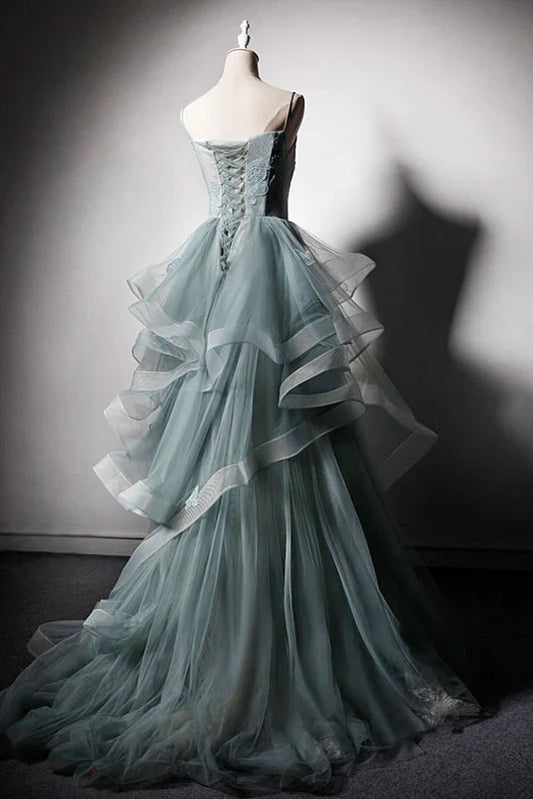 Green tulle lace long Prom Dresses
