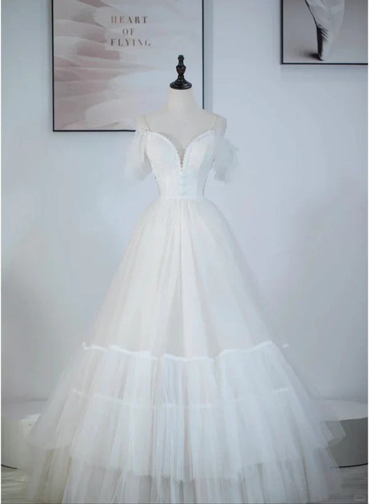 A-line Ivory Tulle V-neckline Straps Off Shoulder Prom Dress