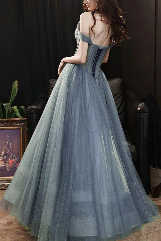 Charming A Line Off the Shoulder Grey Long Prom Dress