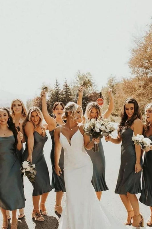 Simple Sheath Spaghetti Straps Green Tea Length Bridesmaid Dress