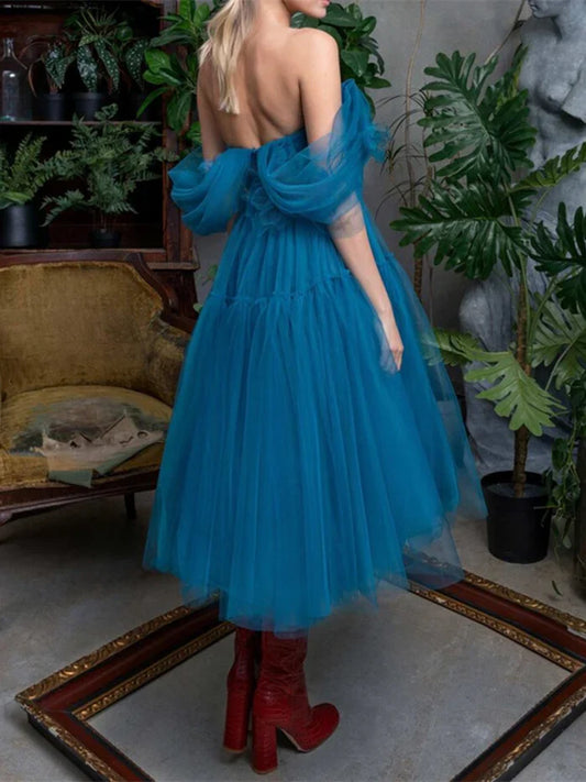 A-Line/Princess Off-The-Shoulder Short Sleeves Knee-Length Evening Dresses