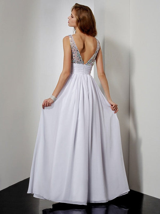 V-neck Rhinestone Sleeveless Long Chiffon Dresses