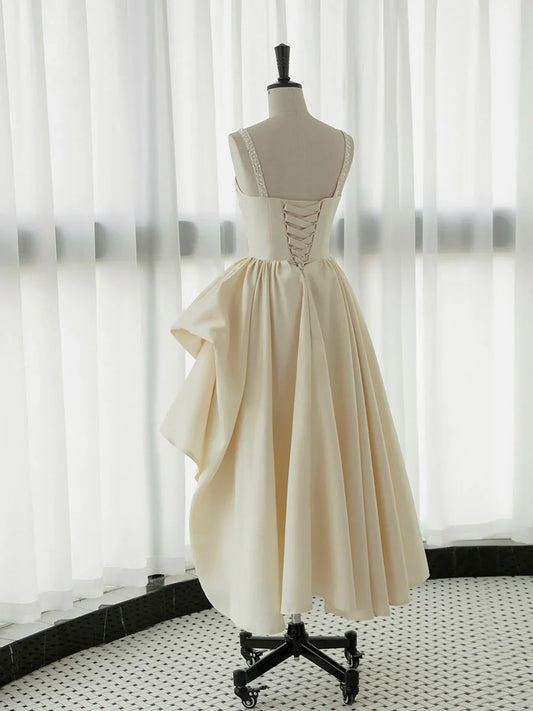 Spaghetti Straps Champagne Satin Tea Length Ruffle Prom Dress