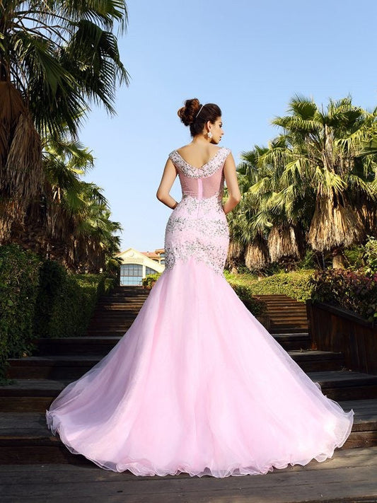 V-neck Beading Sleeveless Long Satin Dresses