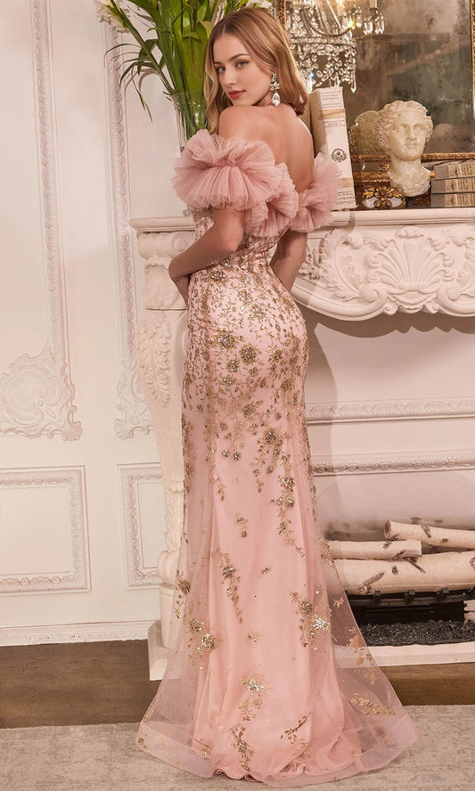 Glamorous Gold‑Glitter Tulle Mermaid Off‑Shoulder Ruffle‑Tulle Floral‑Embroidery Floor‑Length Evening Dresses