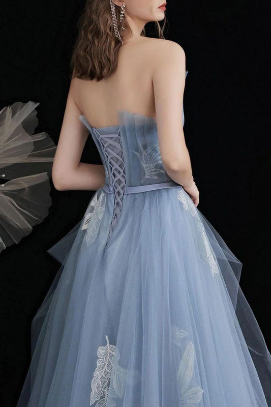 Princess A Line Strapless Blue Long Prom Dress with Appliques
