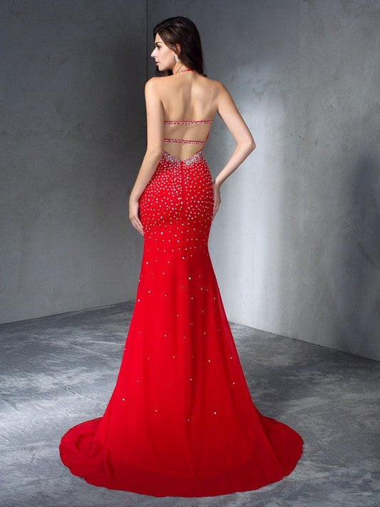 Halter Beading Sleeveless Long Chiffon Dresses