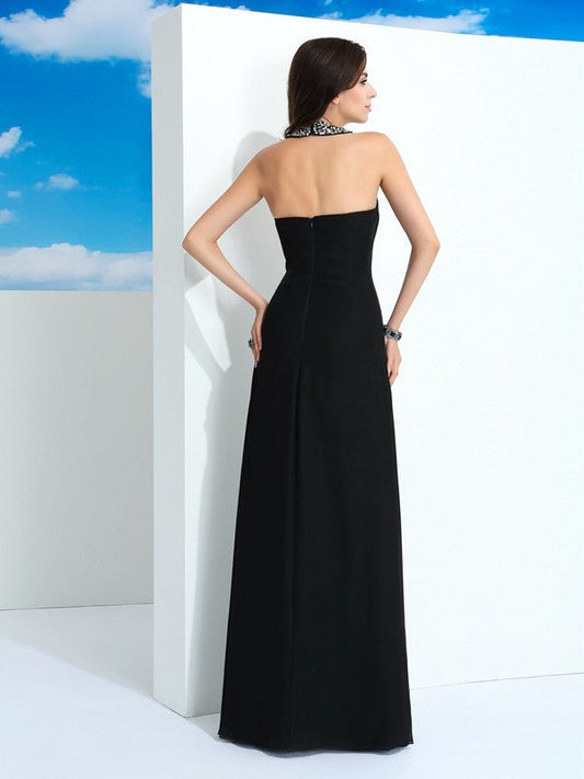 Halter Beading Sleeveless Long Chiffon Dresses
