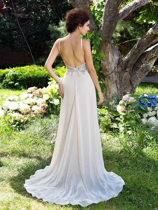 Spaghetti Straps Beading Sleeveless Long Chiffon Dresses