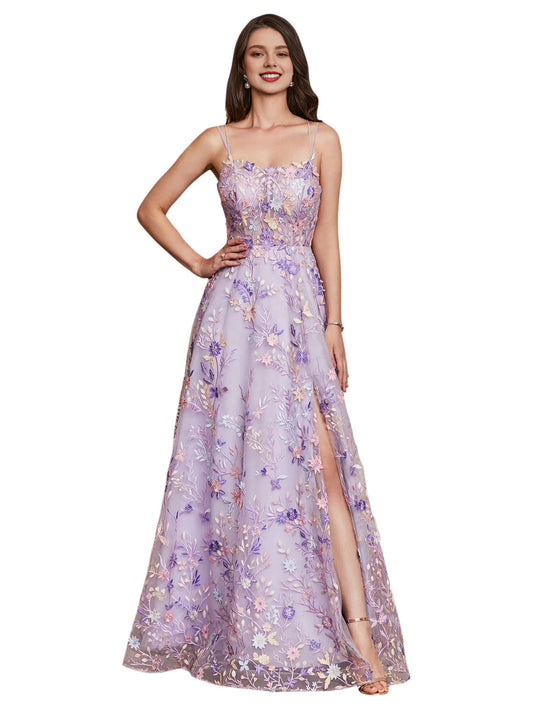 Dress A-Line/Princess Spaghetti Straps Elegant Formal Dress Floor-Length Tulle Sleeveless Evening Gown Prom Dress With Appliques Slit