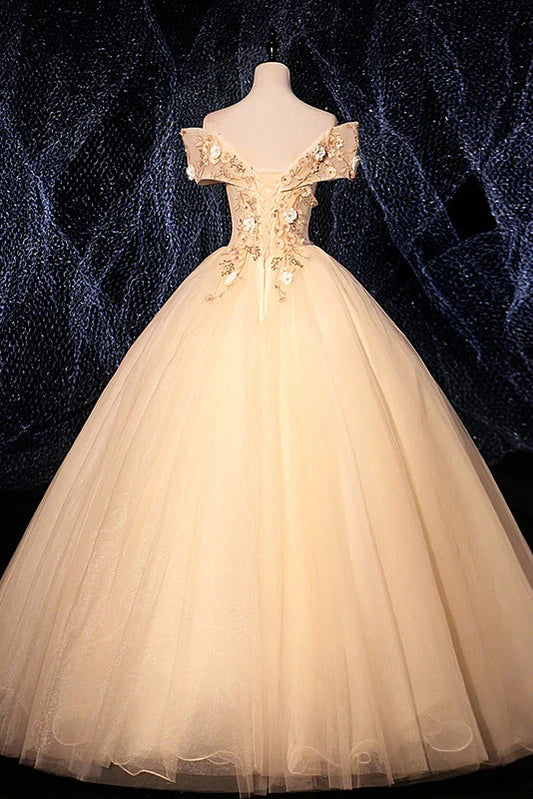 Off-the-shoulder Champagne V Neck Tulle Lace Long Evening Dress With Applique