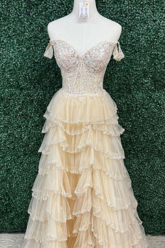 Elegant A Line Off the Shoulder Corset Light Champagne Corset Prom Dress with Lace Ruffles