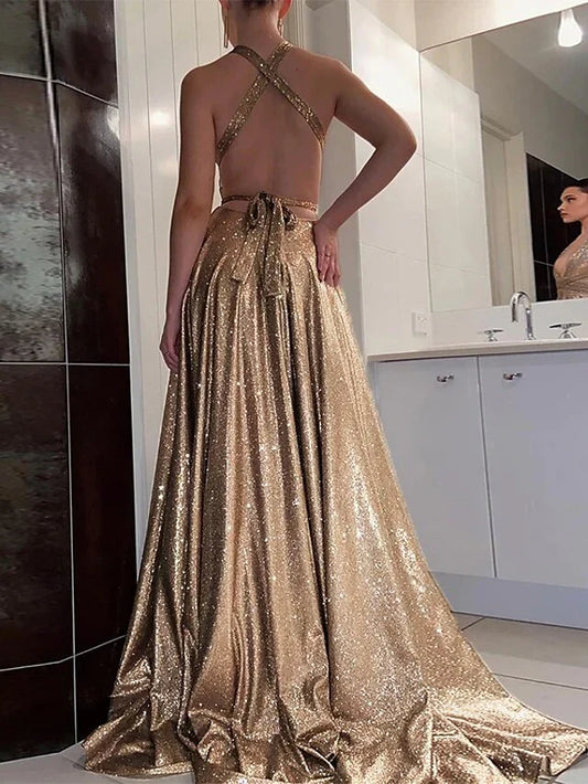 A-Line Halter Floor-Length Prom Dresses