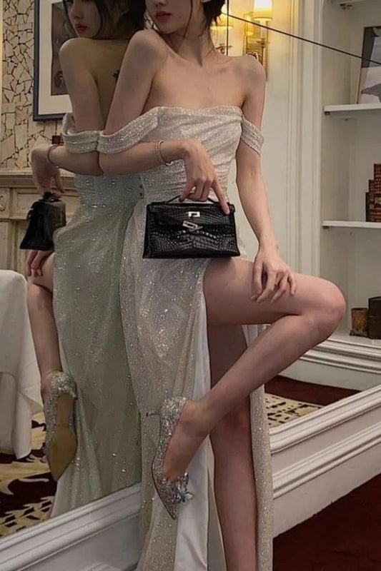 Shimmering Mermaid Off‑The‑Shoulder Short‑Sleeve High‑Slit Floor‑Length Prom Dress For Evening