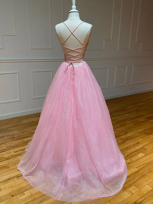Pink A-line v neck tulle long prom dress