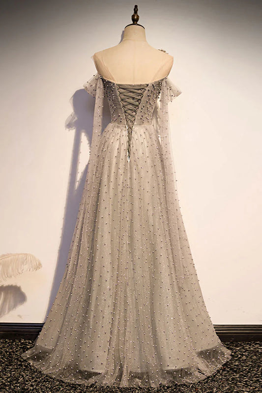 Gray tulle one shoulder long Evening Dresses