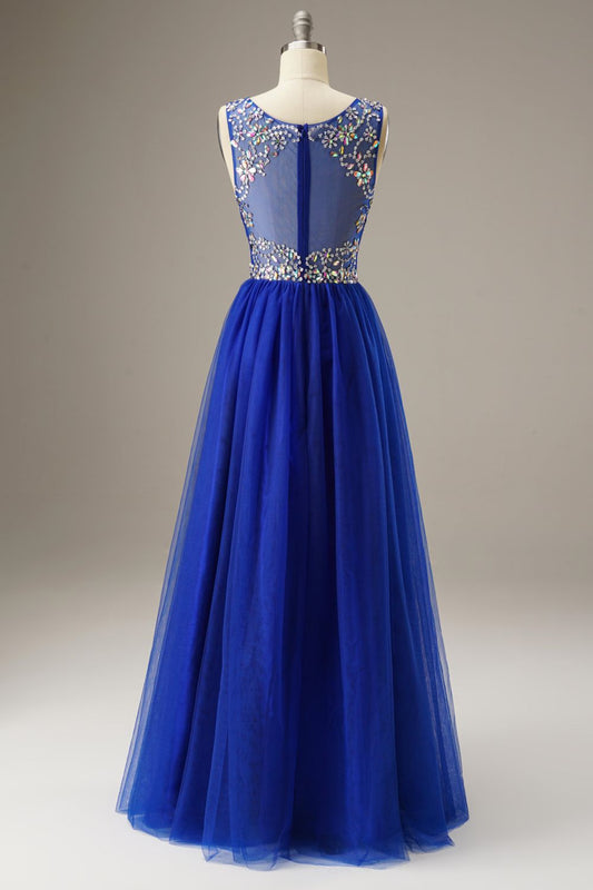 A-Line Floor Length Tulle Long Dress WIth Beading