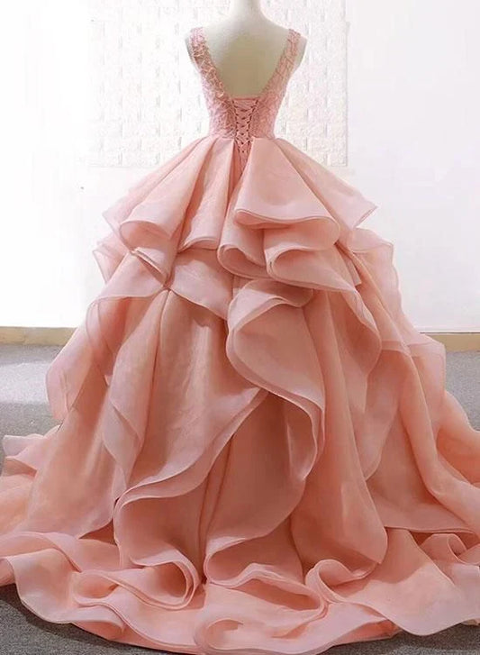 Formal Women's Dresses Pink Puffy Tulle Long Ruffle Prom Dress A-Line Sleeveless Party Ball Gown Prom Dresses Stores