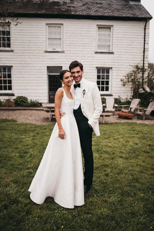 A-Line Square Neck Floor Length Simple Long White Satin Wedding Dresses 