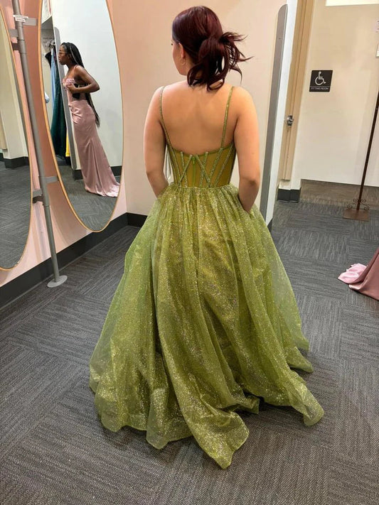 Dress Prom Dress Stores Shiny Green Straps A-Line Tulle Long Prom Dress Formal Dresses