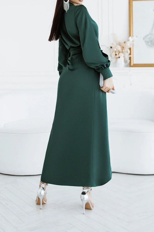 A-line Ankle Length V Neck Emerald Puff Long Sleeve Party Dress Prom Dress