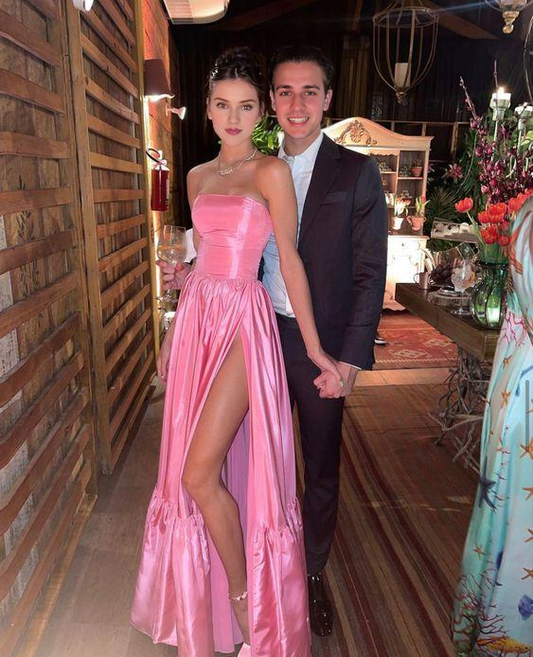 A-line Off-the-Shoulder Pink Leg Split Prom Dress Women Sexy Party Dresses