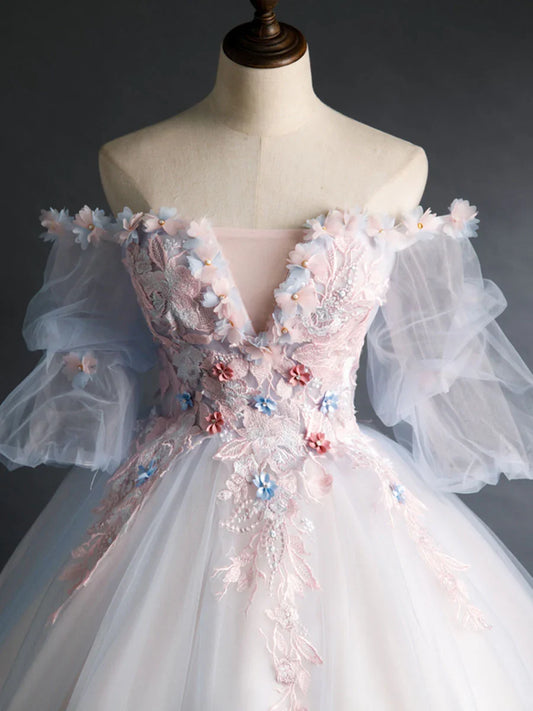A-line Off Shoulder Strapless Short Sleeves Tulle Lace Applique Long Prom Dress