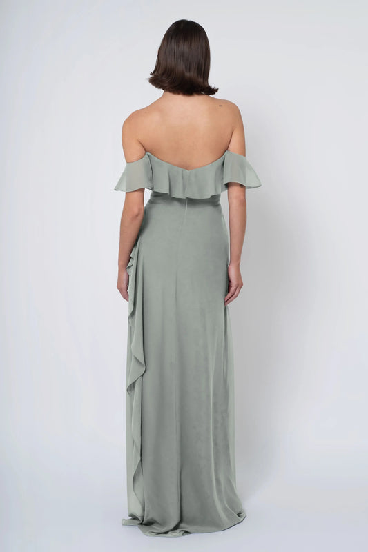 A-line Off the Shoulder Scoop Neck With Ruffle Sleeve Slit Trendy Floor Length Ball Gowns Backless Beautiful Floor Length Prom Dresses